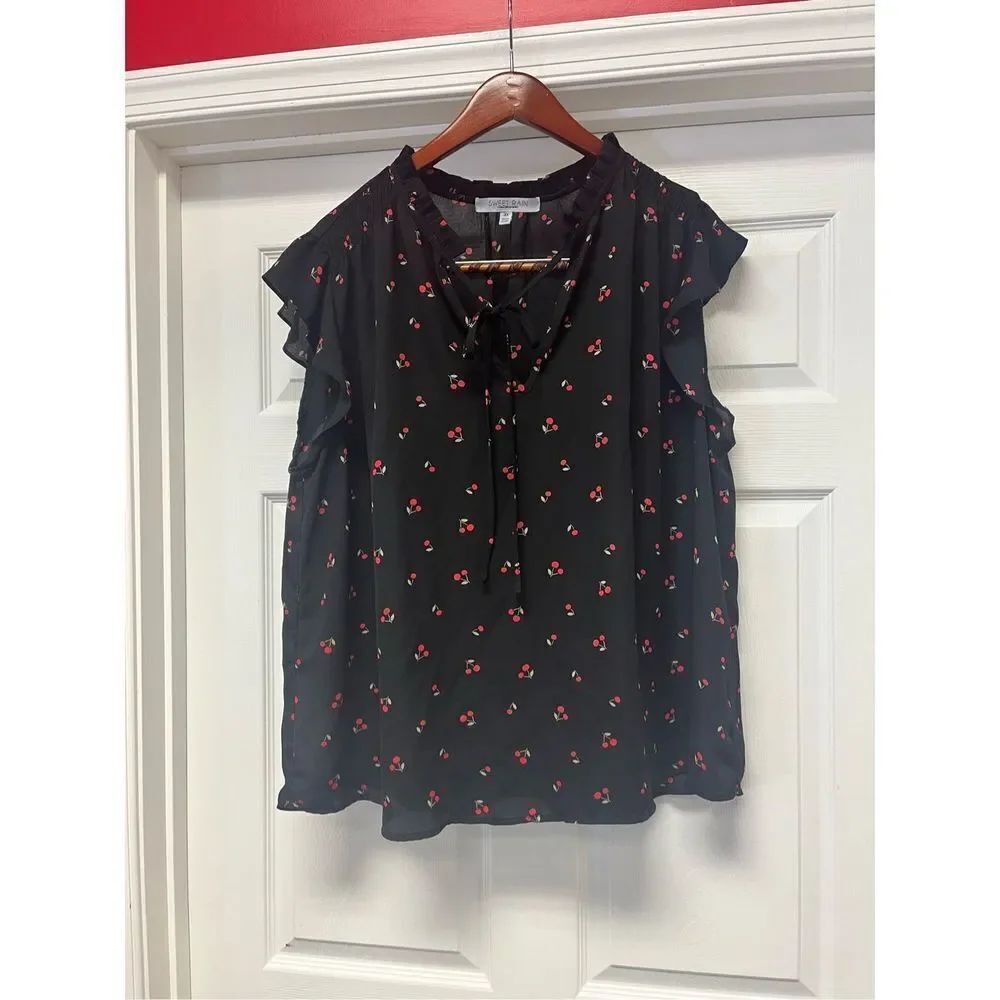 Sweet Rain Tie Front Ruffle Neck Flutter Sleeve Black Cherry Print Blouse sz 3X